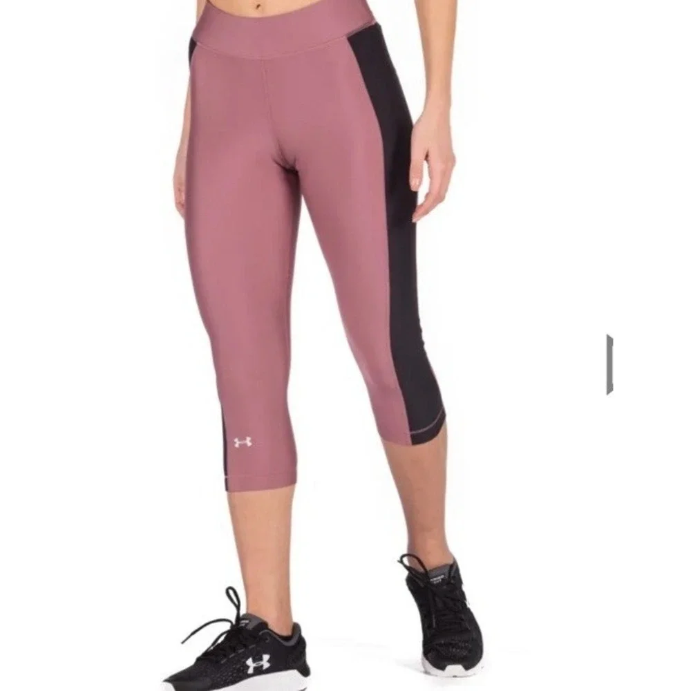 Under Armour Heat Gear Womens Compression Capri Leggings Pink And Black Strips L